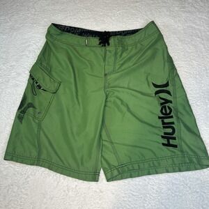 Hurley Board Shorts Mens Size 33 Green 100% Polyester Pocket Pull On‎ Lace Up